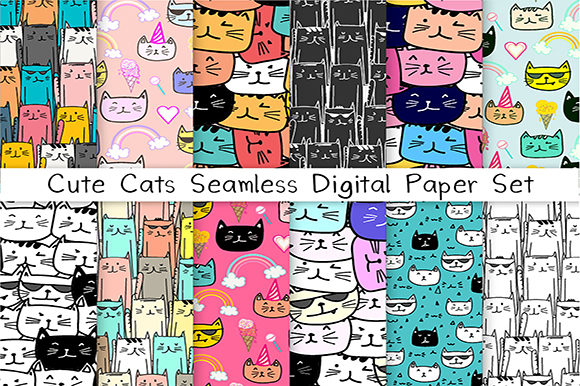 Cute Cat Seamless Digital Paper Set for Creative Projects
